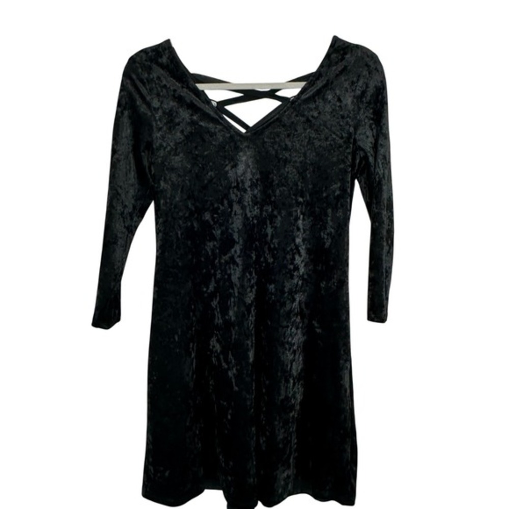A. Byer 90s Black Crushed Velvet Mini Dress Long Sleeve V Neck Grunge Whimsigoth